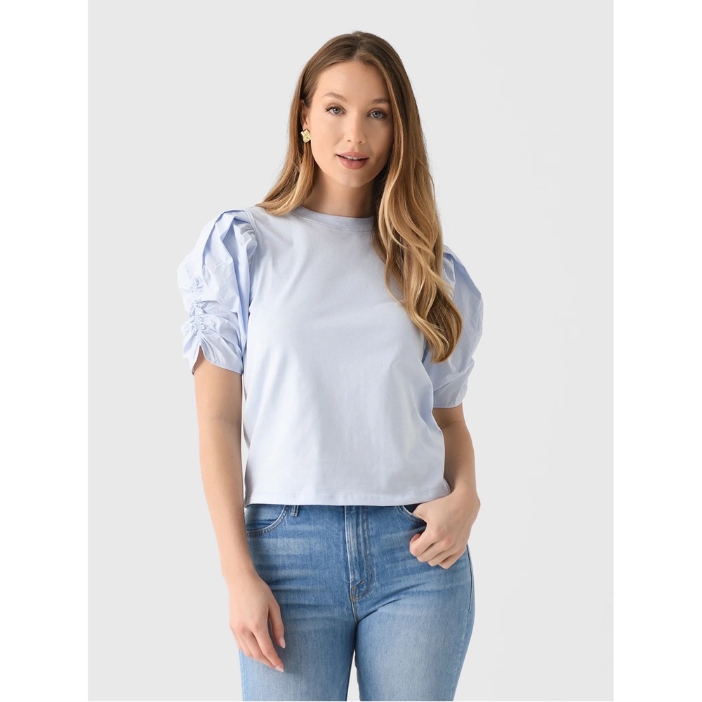 Frame Pleated Puff Short Sleeve Tee in Light Chambray Blue